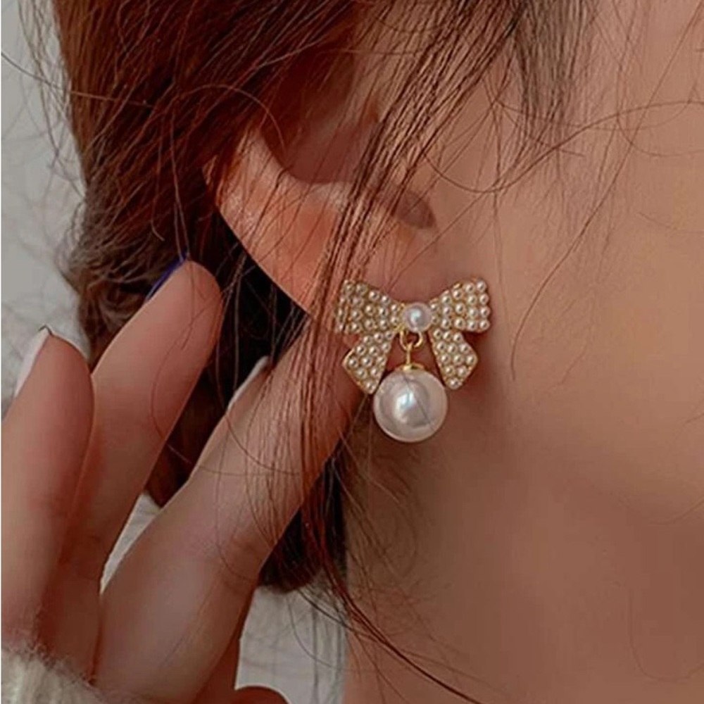 White Bow Coquette Faux Pearl Formal Prom Cocktail Earrings Wedding Jewelry